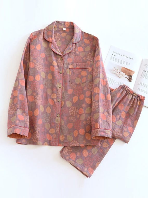Leaf Flower Button Cotton Loungewear Set