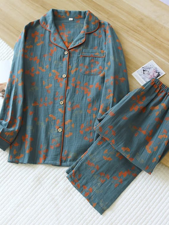 Ginkgo Lapel Neckline Cotton Loungewear Set