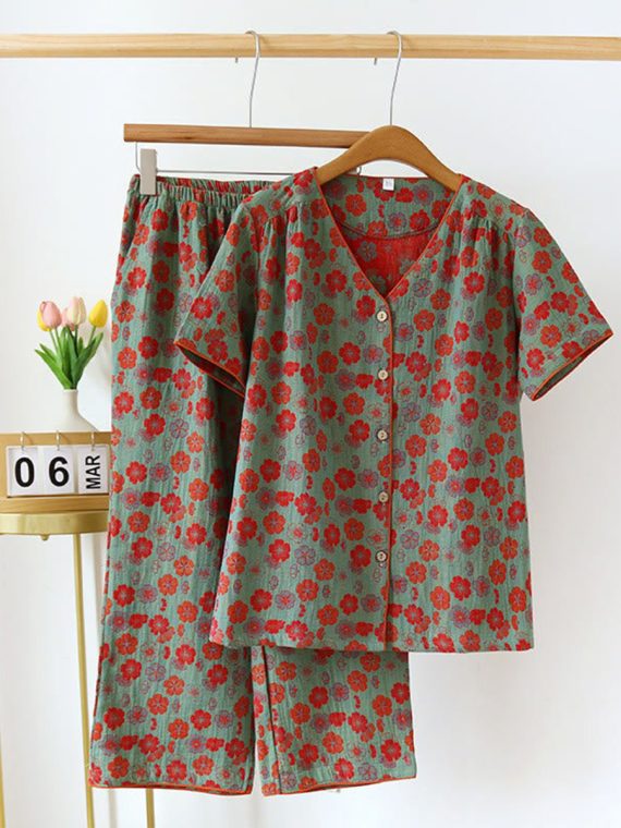 Plum Flower V-neck Cotton Loungewear Set
