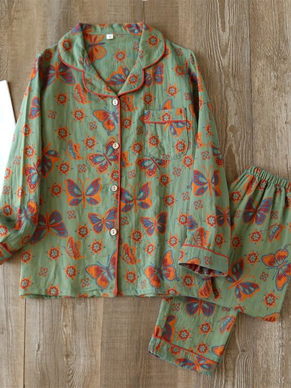 Vintage Butterfly Print Cotton Loungewear Set