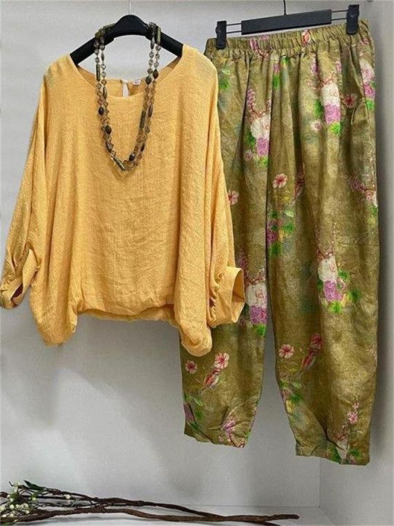 Yellow Casual Round Neck Printed Long Sleeve TwoPiece