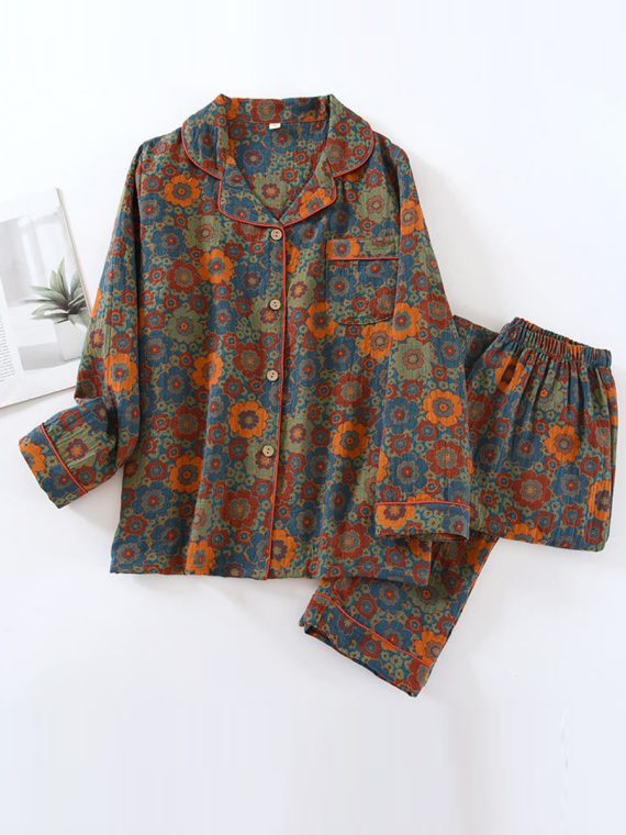 Colorful Floral Button Cotton Loungewear Set