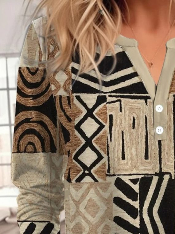 Ethnic Print Casual Buttoned V Neck Shirt - Image 2