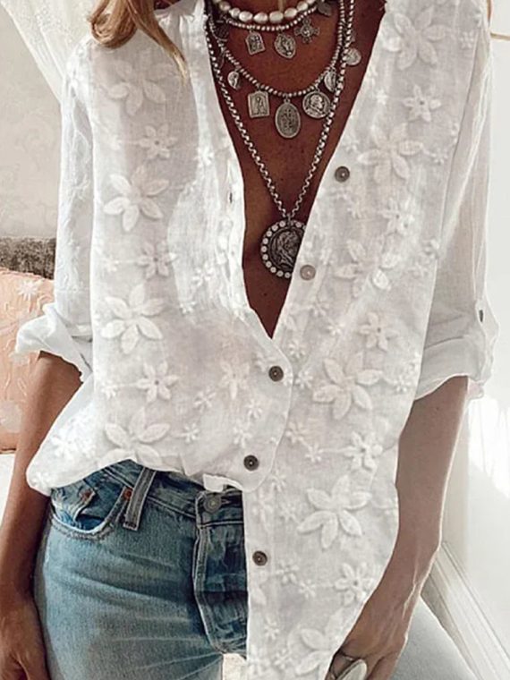 Lace Stitching Cotton Linen Long Sleeve Shirt