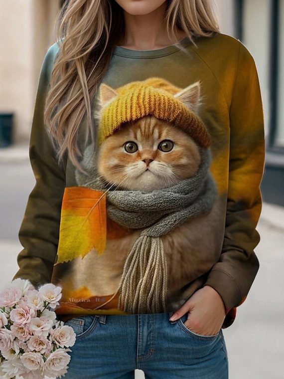 Yellow Cat Print Casual Round Neck Pullover Sweatshirt