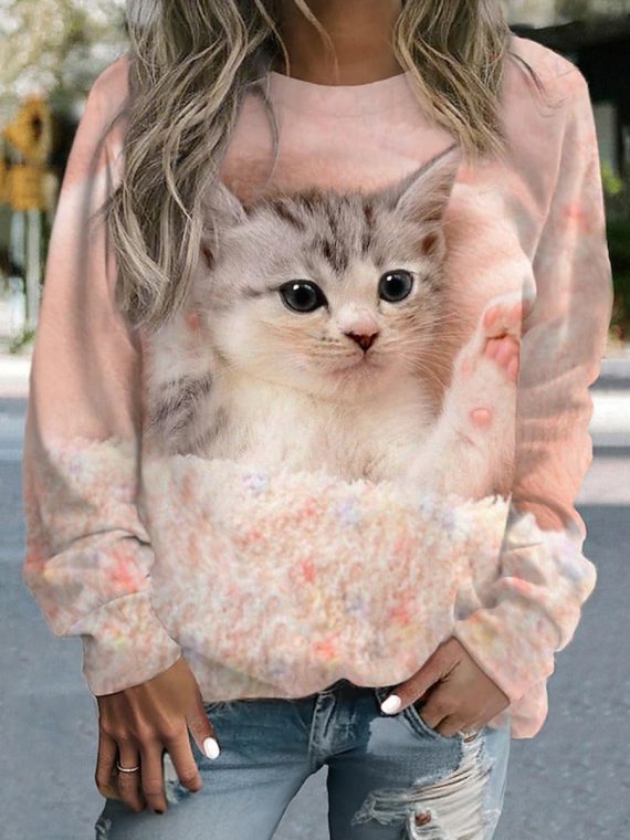 Pink Cute Cat Print Casual Pullover Sweatshirt