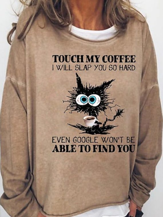 Vintage Khaki Funny Cat Print Loose Sweatshirt