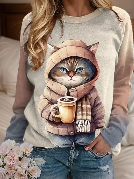 Khaki Round Neck Cat Print Casual Sweatshirt