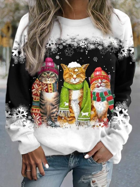 Christmas Cat Sweatshirt Pullover Sweatshirt