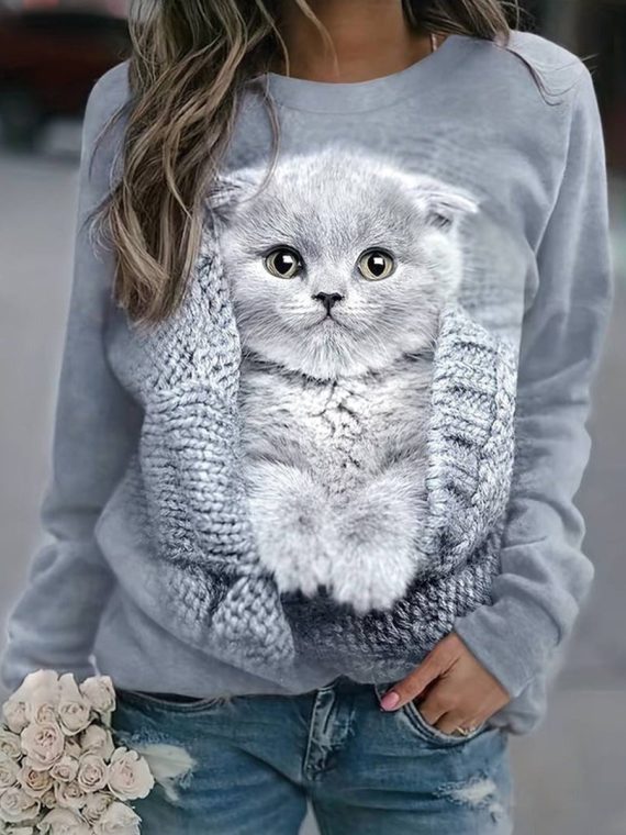 Cute Cat Print Crew Neck Pullover Sweatshirt