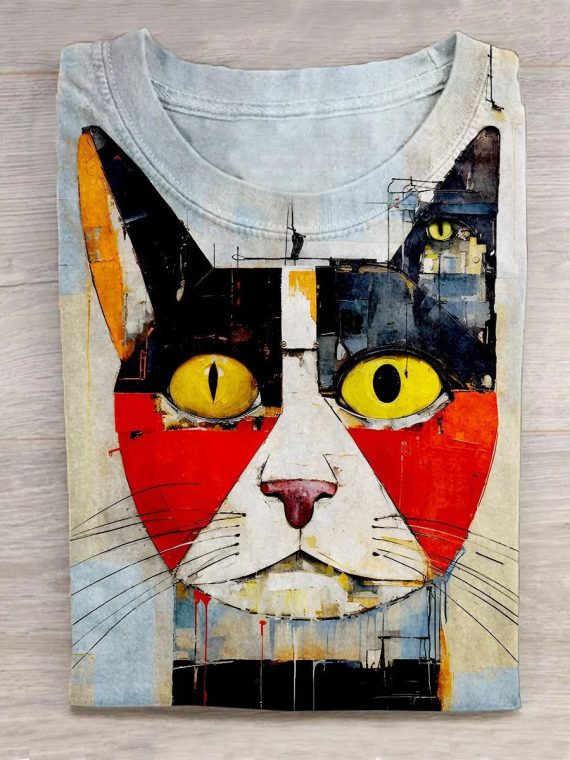 Picasso Art Form Cat Geometric Color Animal Art Print Casual T-Shirt