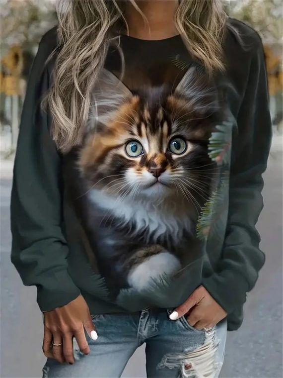 Cute Cat Print Round Neck Casual Sweatshirt