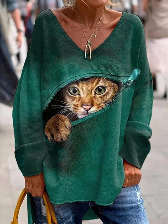 Zip Abyssinian Cat Print V-Neck Long Sleeve Top