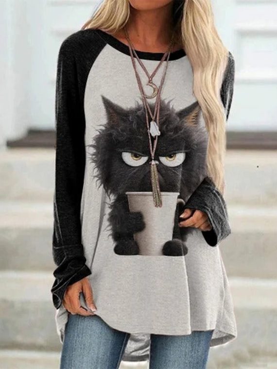 Cute Grumpy Cat Print Long Sleeve Tunic