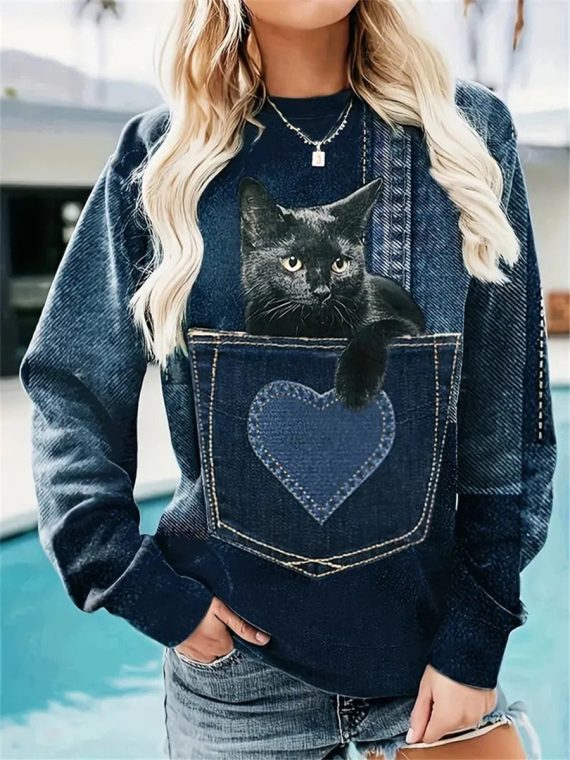 Pocket Cat Print Crew Neck Sweatshirt
