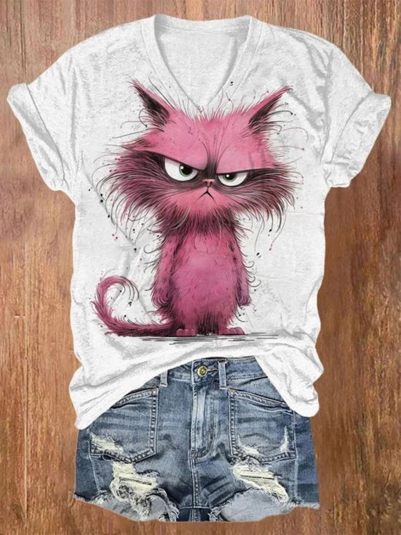 Cute Fluffy Angry Cat Print V Neck T-Shirt