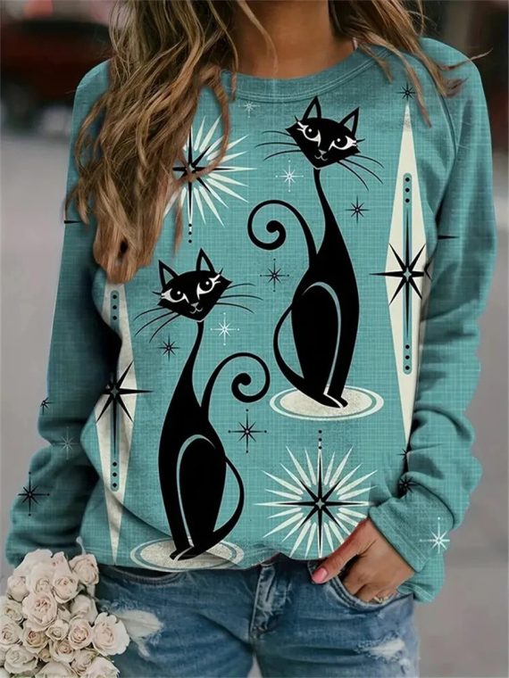 Cute Cat Print Crew Neck Sweatshirt