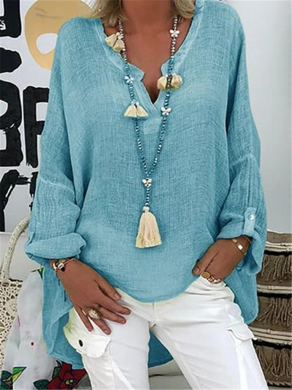 Casual Solid Color V-Neck Long Sleeve Blouse