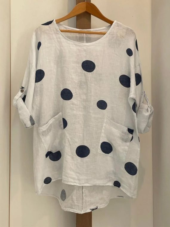 Plus Size Polka Dot Print White Crew Neck Blouse