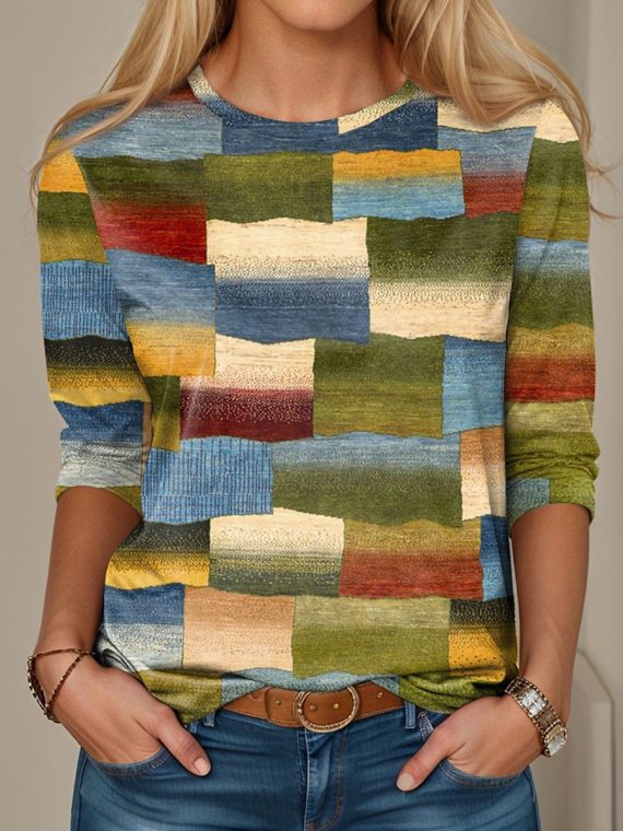 Casual Loose Multicolor Block Crew Neck T-Shirt
