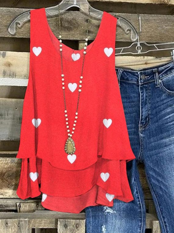 Red Heart Print Sleeveless Tank