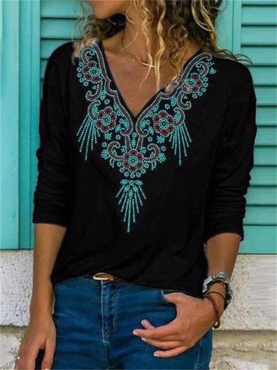 Black Casual V Neck Printed Long Sleeve Blouse