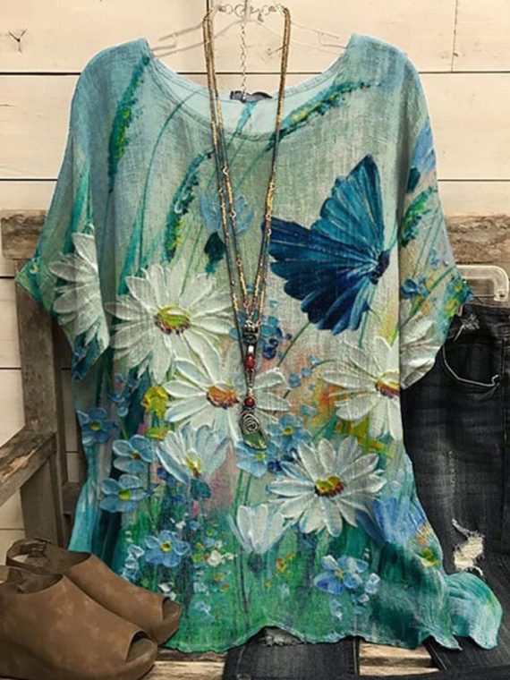 Casual Crew Neck Loose Butterfly Printed Shirt