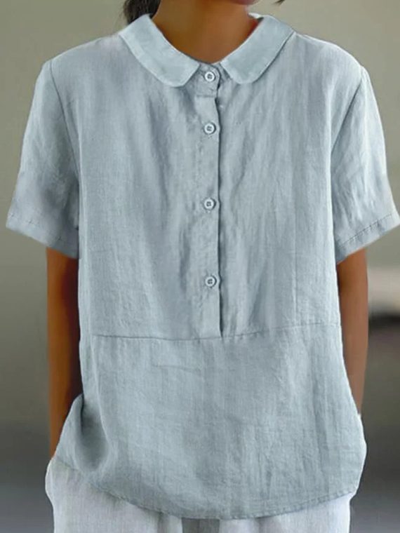 Solid Color Round Neck Button Loose Casual Shirt