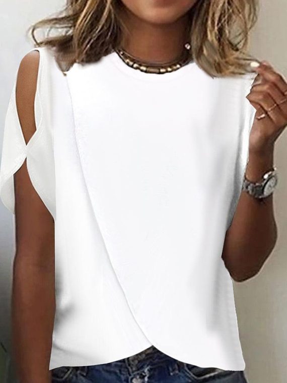 White Plain Split Sleeve Round Neck Top