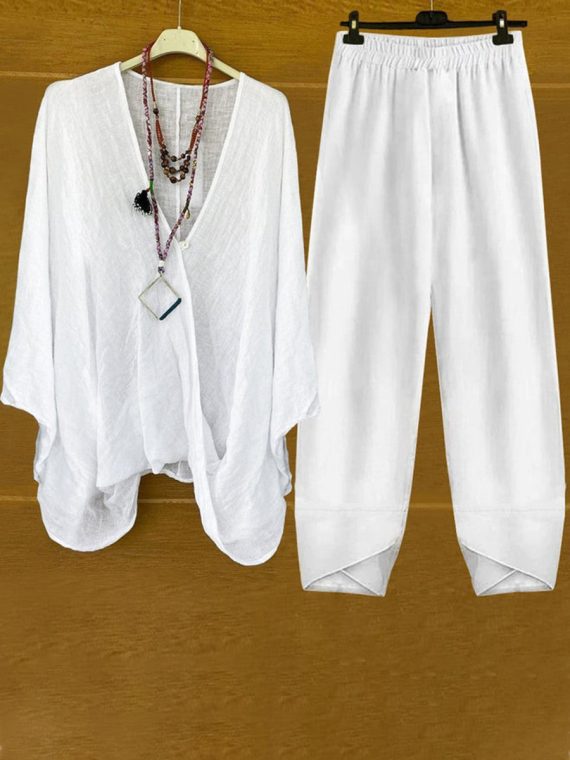 Basic White Plain Cotton Two Piece Set