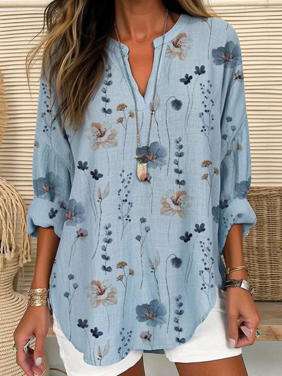 Floral Printed Shirt Collar Loose Blouse