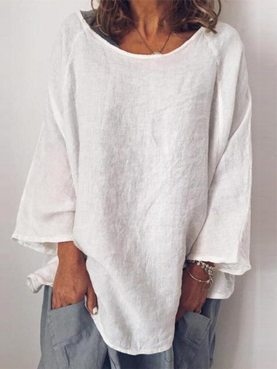 Plain Crew Neck Cotton Casual Long Sleeve Blouse