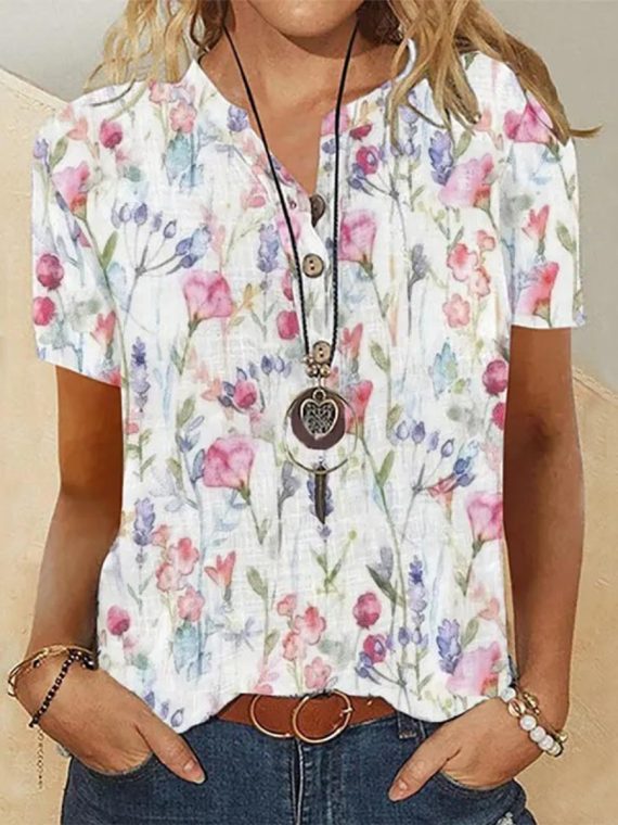 Summer Pink Floral V Neck Blouse