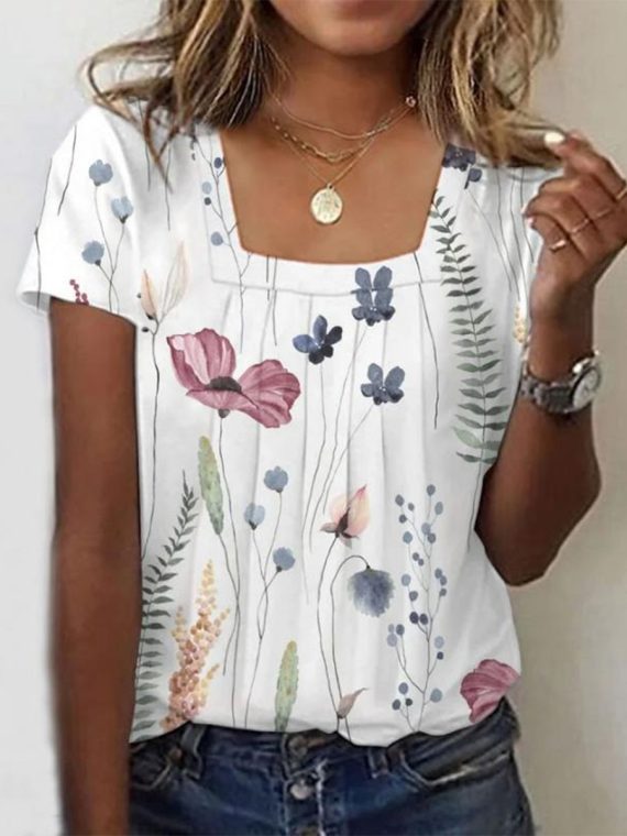 Casual White Floral Print T-Shirt