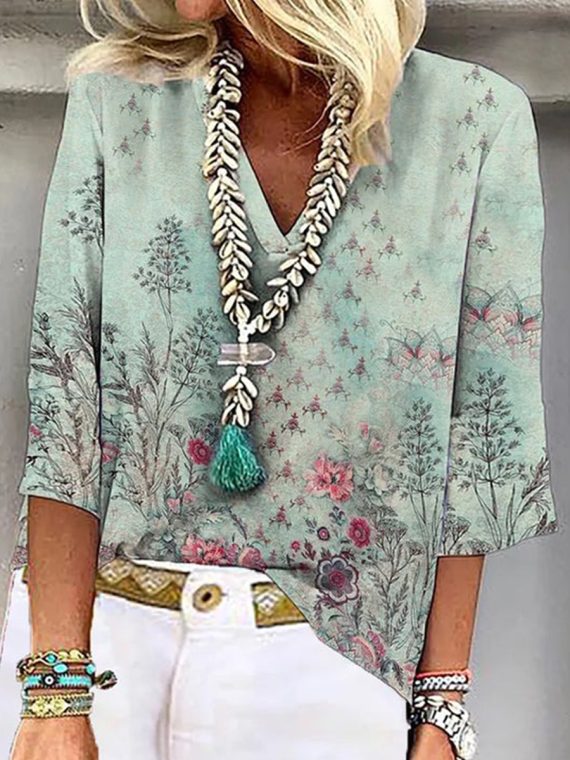 3/4 Sleeve Green Floral Printed V Neck Blouse