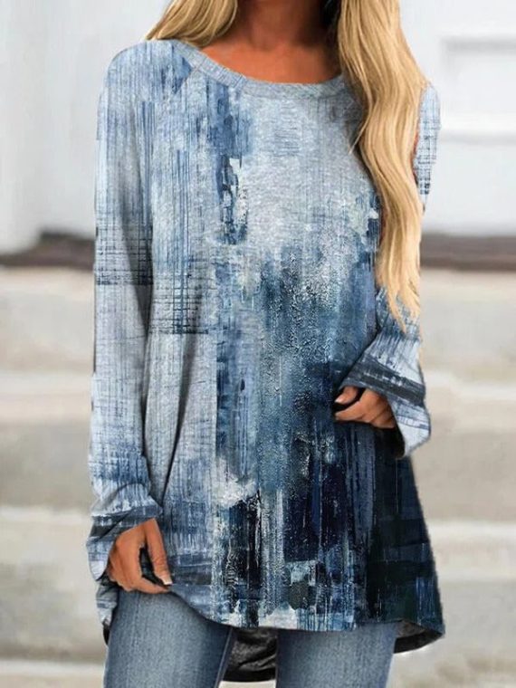 Blue Casual Graphic Tops Round Neck Long Sleeve Vintage Printed Sweatshirts