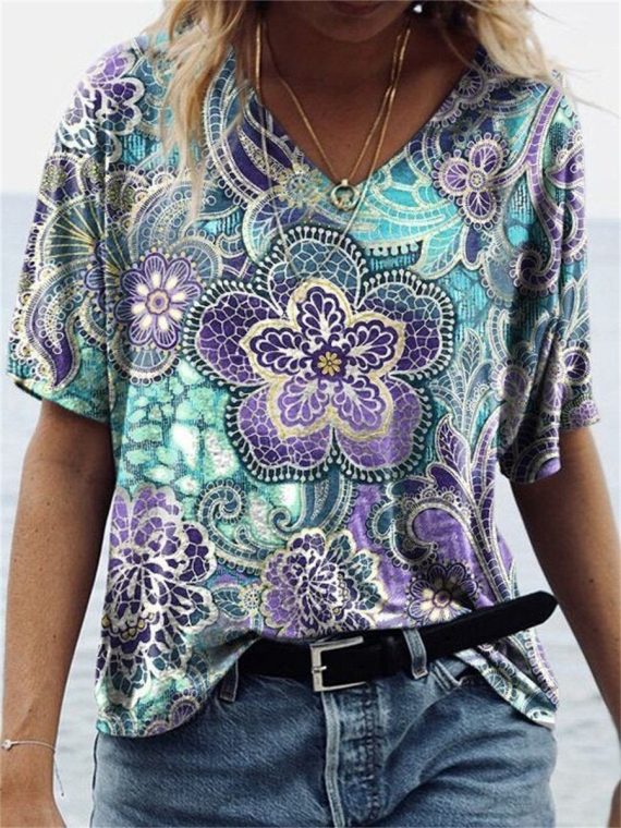Casual Blue Short Sleeve V Neck T-Shirt