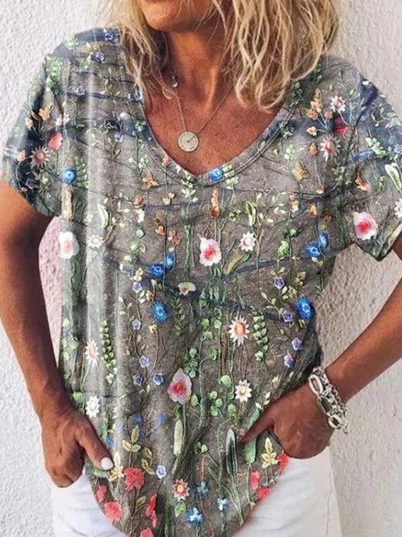 Casual Gray Floral Printed Loose V Neck T-Shirt