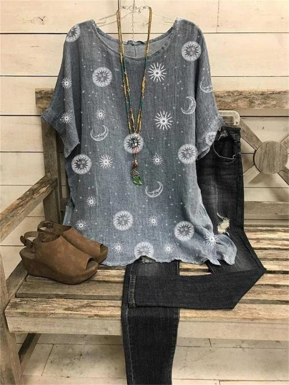 Abstract Short Sleeve Crew Neck Blouse