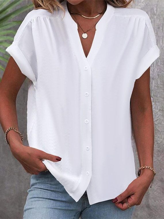 Comfy Plain Buttoned V Neck Short Sleeve Top