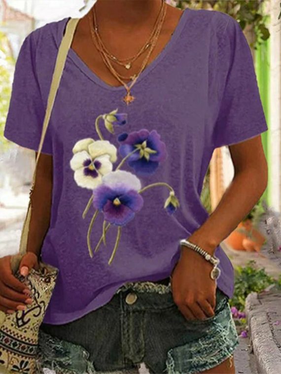 Casual Purple Floral Printed V Neck T-Shirt