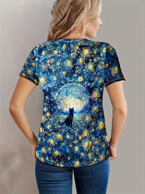 Blue Creative Cat Print T-Shirt - Image 2