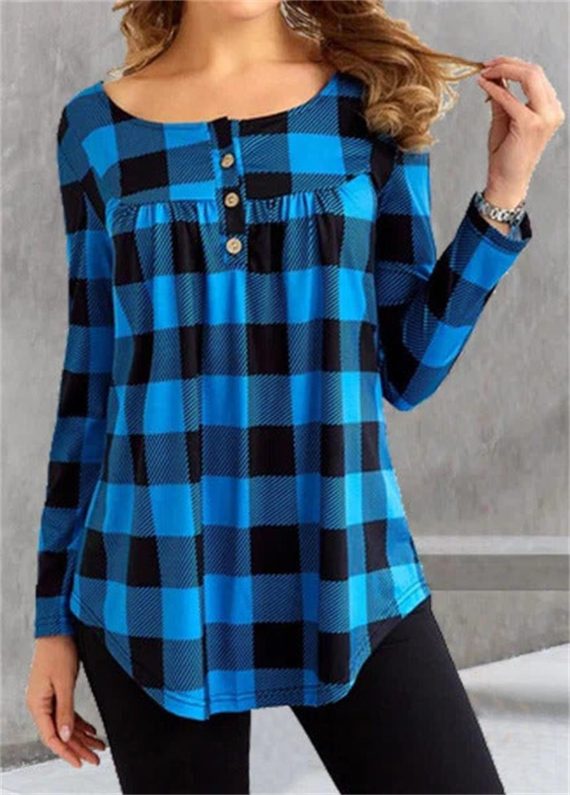 Blue Casual Round Neck Plaid Printed Long Sleeve Blouse