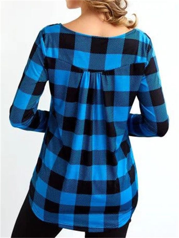 Blue Casual Round Neck Plaid Printed Long Sleeve Blouse - Image 2