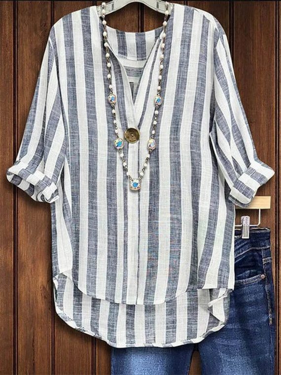 Casual Striped Loose Half Open Collar Blouse