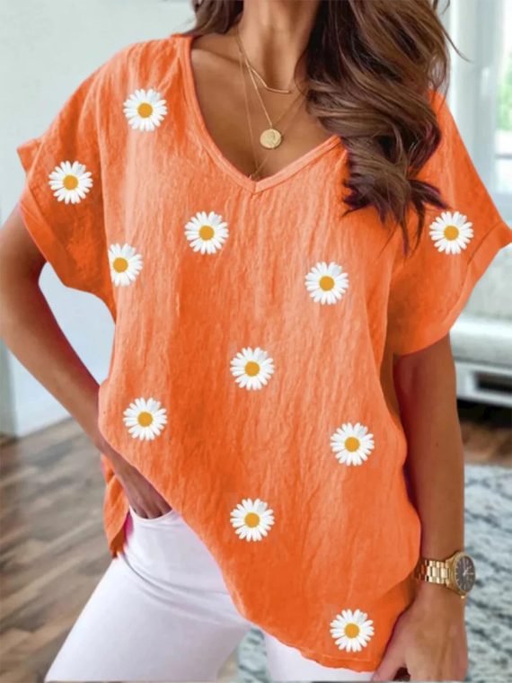 Casual Daisy Floral V Neck Loose Short Sleeve Summer T-Shirt