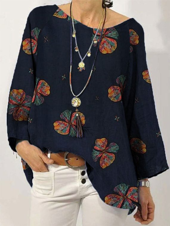 Colorful Floral Print Crew Neck Long Sleeve Blouse