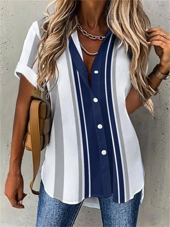 Blue Striped Loose V Neck Shirt