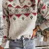 Apricot Casual Tops Round Neck Long Sleeve Geometric Printed Sweater