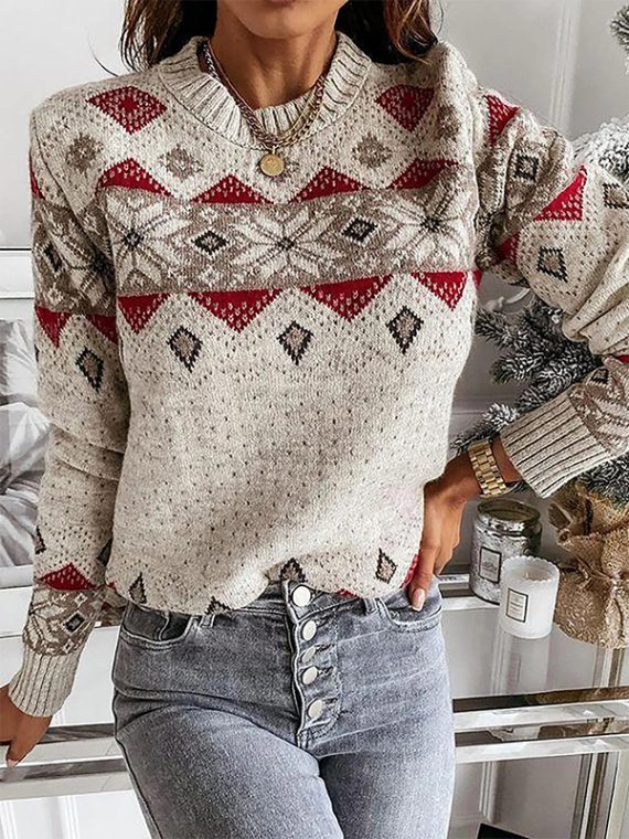 Apricot Casual Tops Round Neck Long Sleeve Geometric Printed Sweater